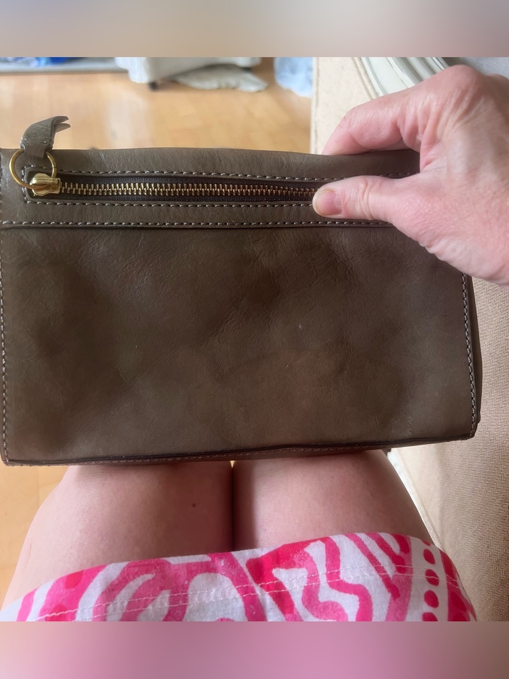 Frye Gray-Taupe Leather Crossbody with Gold Hardware. - Picture 9 of 9